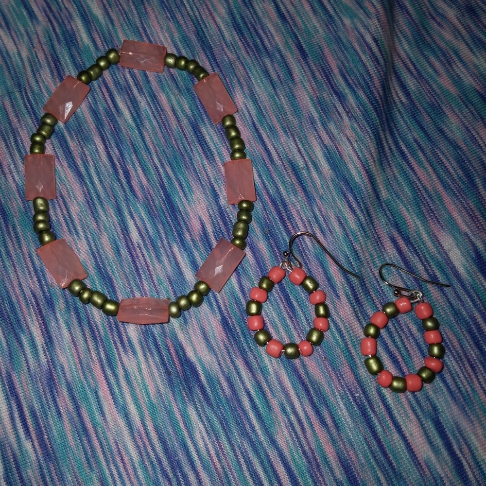 hand crafted beaded bracelet and hoop earrings set pink and olive green New